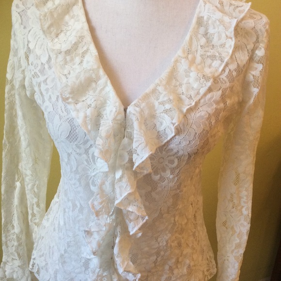 INC Beautiful Ivory Lace Long Sleeve Ruffled Jacket Size S - Picture 2 of 10